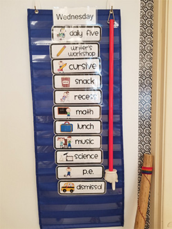 A pocket chart filled with cards that have the task name and associated picture on them. The top pocket has the day of the week. The order of the cards going down visually models the order of the schedule. A long pole with a cartoon hand is used to point to the schedule items when Jana Nicol reads the schedule out loud.