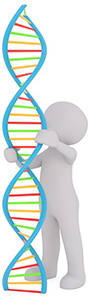 3D illustration of standing figure holding strand of DNA