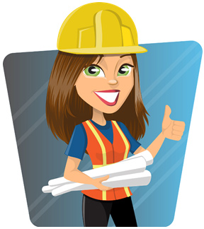 Illustration of lady construction worker with hard hat and vest smiling and giving a thumbs up while carrying rolled up blueprints with her other hand