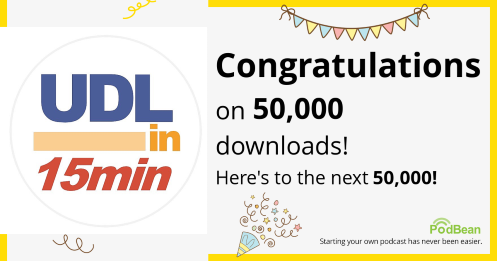 Banner with Congratulations on 50,000 downloads! and the UDL in 15 minutes logo