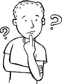 Illustration of young man thinking with question marks around his head