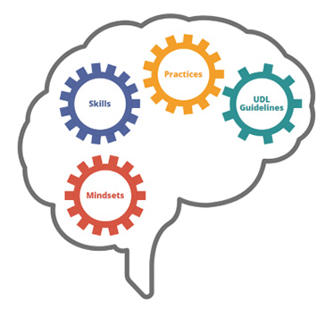 Silhouette of a brain with 4 gears inside: Practices, Skills, Mindsets, UDL Guidelines