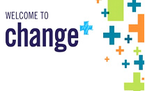 Graphic with Welcome to change and numerous plus signs in different styles and colors